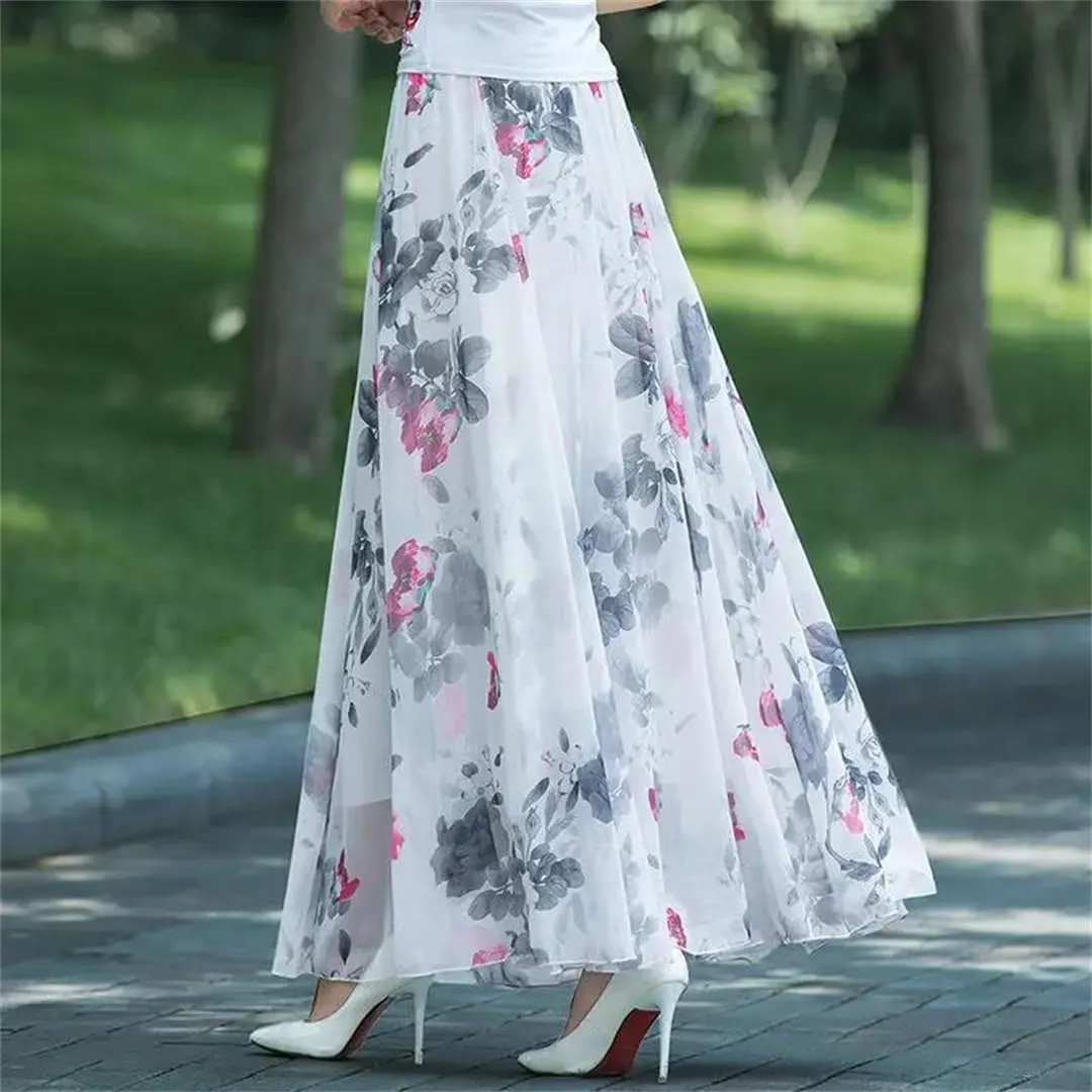 Womens Summer High Waist Skirts Spring Elastic Waist Midi Full Long Print Dance Skirts Swing Chiffon Skirt