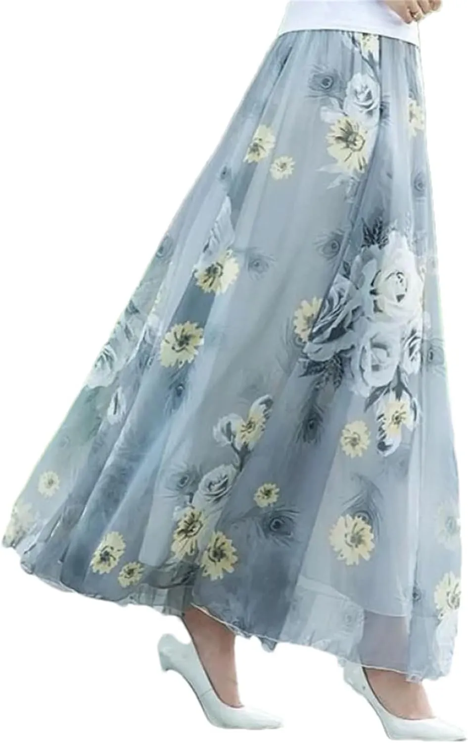 Womens Summer High Waist Skirts Spring Elastic Waist Midi Full Long Print Dance Skirts Swing Chiffon Skirt