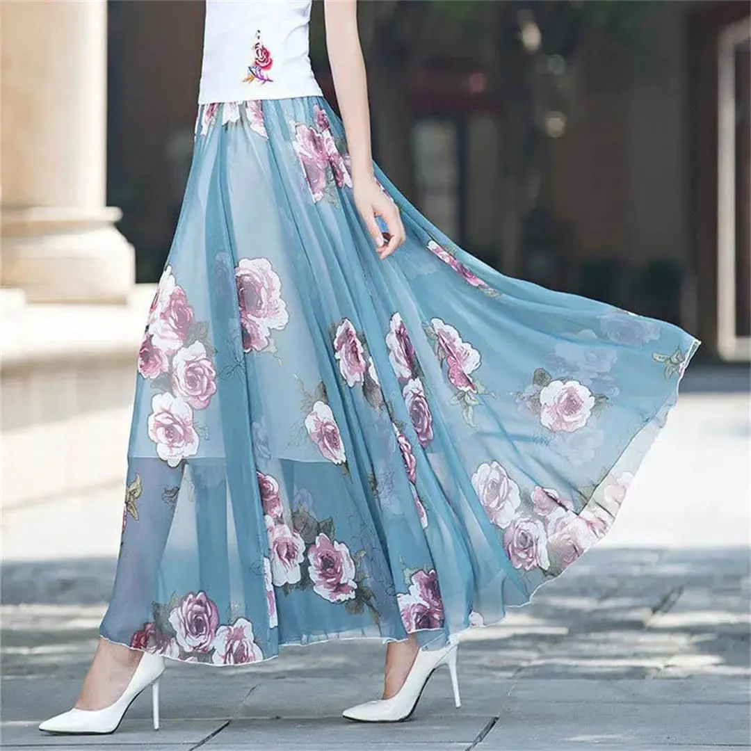 Womens Summer High Waist Skirts Spring Elastic Waist Midi Full Long Print Dance Skirts Swing Chiffon Skirt