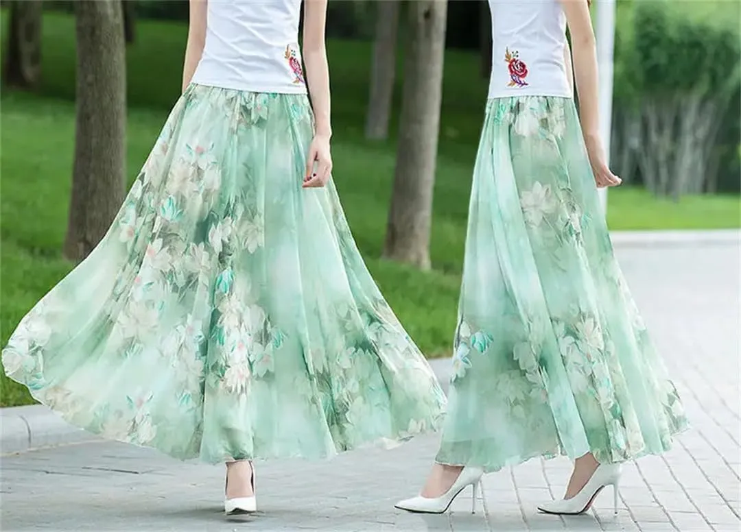 Womens Summer High Waist Skirts Spring Elastic Waist Midi Full Long Print Dance Skirts Swing Chiffon Skirt