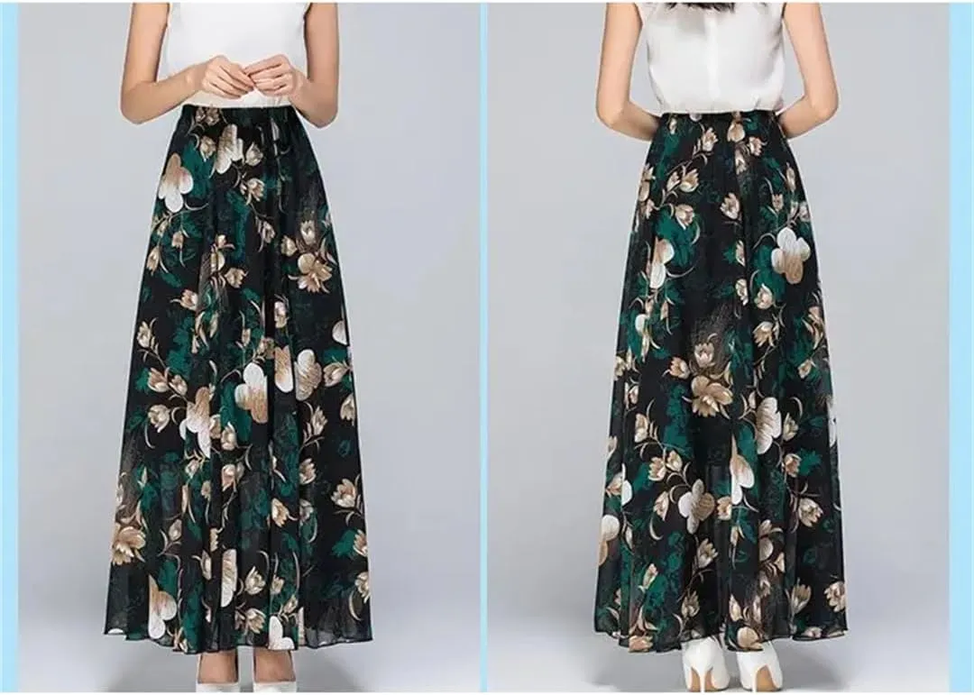 Womens Summer High Waist Skirts Spring Elastic Waist Midi Full Long Print Dance Skirts Swing Chiffon Skirt