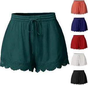 Womens Summer Shorts Casual Dressy Lace Trim Drawstring Elastic Waist Beach Pants Workout Gym Shorts Plus Size.S-5XL