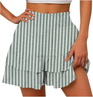Women's Summer Wide Leg Printed High Waisted Lightweight Shorts with Floral Pleated Hem Casual Vacation Pants