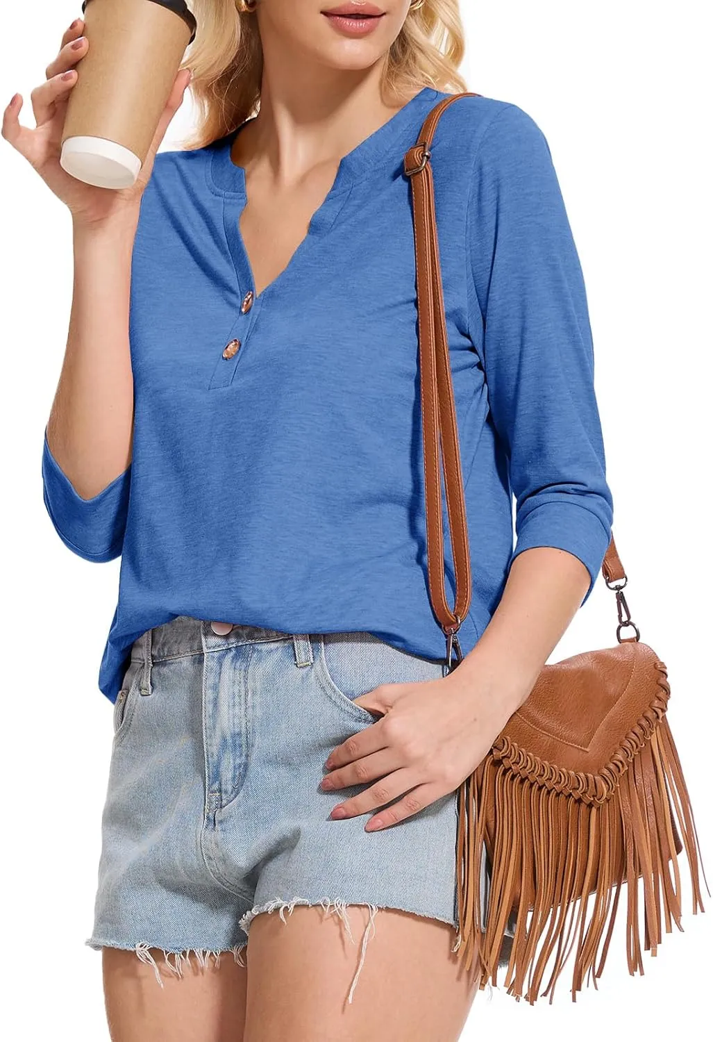 Womens Tops 3/4 Sleeve V Neck Button Down Shirts Business Casual Outfit Basic Tees Summer Top 2025