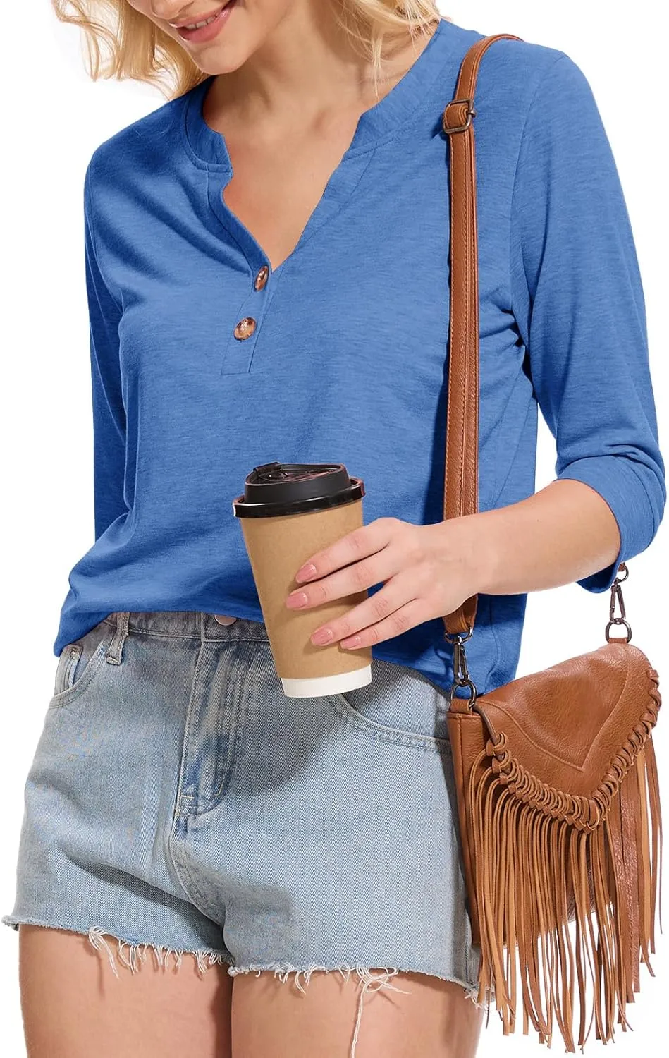 Womens Tops 3/4 Sleeve V Neck Button Down Shirts Business Casual Outfit Basic Tees Summer Top 2025