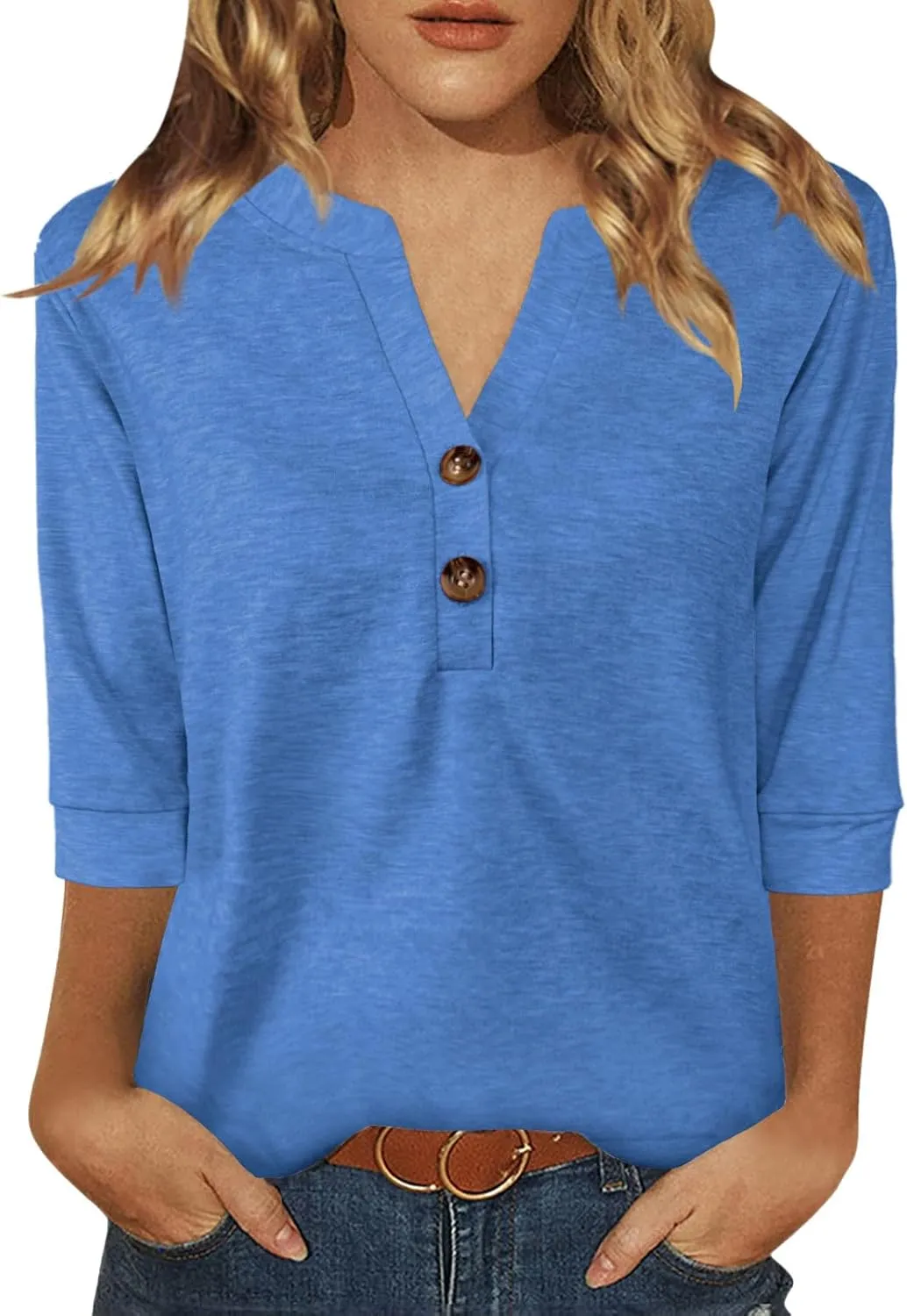Womens Tops 3/4 Sleeve V Neck Button Down Shirts Business Casual Outfit Basic Tees Summer Top 2025