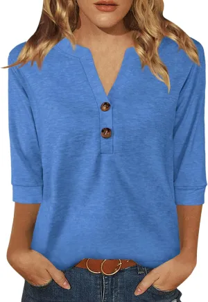 Womens Tops 3/4 Sleeve V Neck Button Down Shirts Business Casual Outfit Basic Tees Summer Top 2025