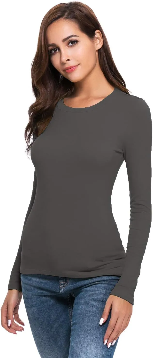 Womens Unisex Basic Long Sleeve Crew Neck Comfy Layering Slim Fit Stretch Henley Tees Shirts Top