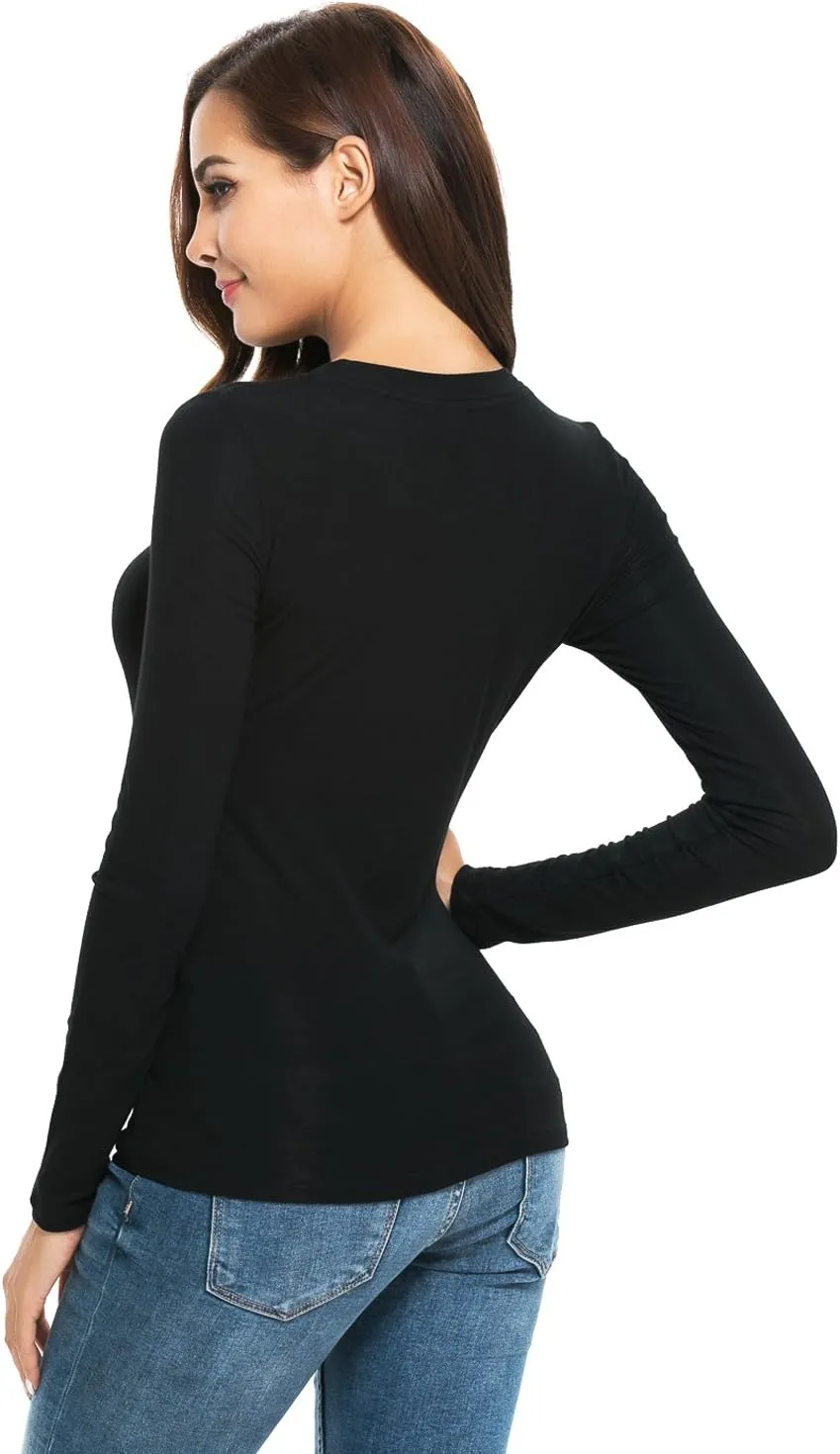 Womens Unisex Basic Long Sleeve Crew Neck Comfy Layering Slim Fit Stretch Henley Tees Shirts Top
