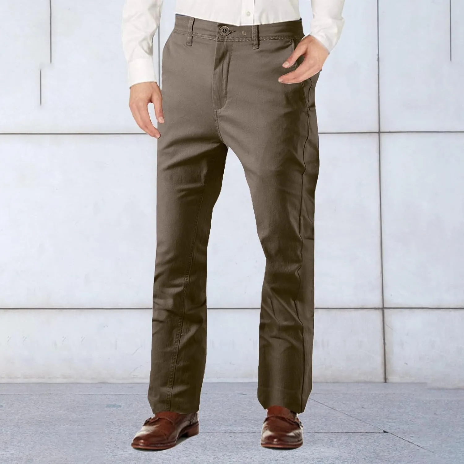 Work Pants for Men Fleece Chinos Trousers Expandable Waist Flat Front Skinny Suit Pants Tapered Straight Leg Golf Dress Pants