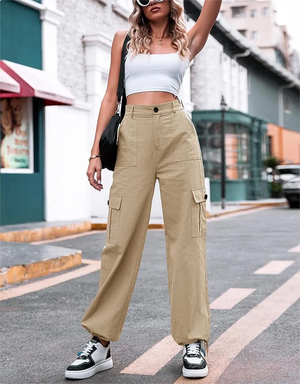 ZOCANIA Women's Casual High Waisted Cargo Pants Wide Leg Pants Solid Combat Military Trousers with Pockets