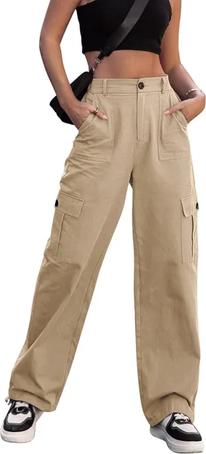 ZOCANIA Women's Casual High Waisted Cargo Pants Wide Leg Pants Solid Combat Military Trousers with Pockets
