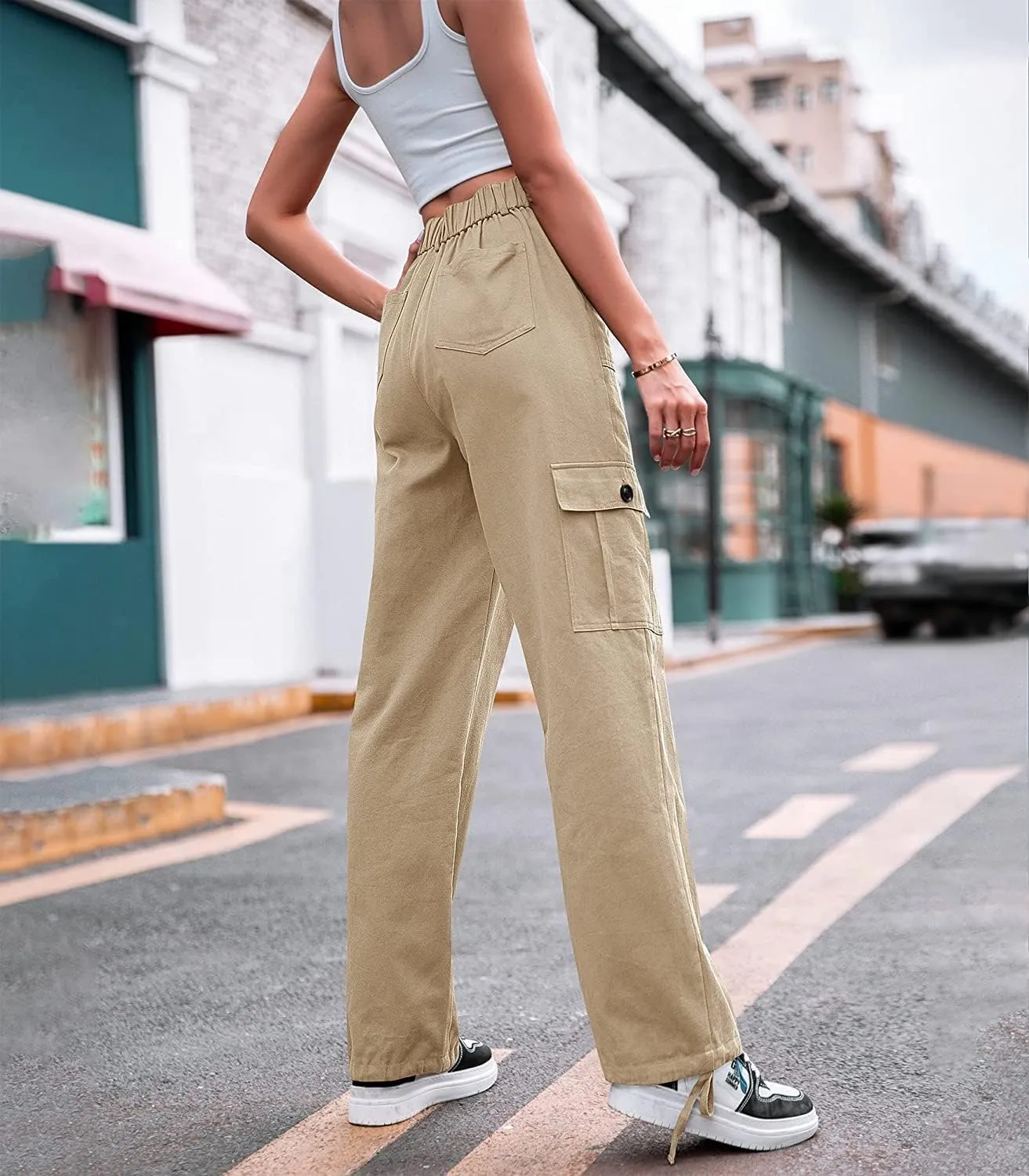 ZOCANIA Women's Casual High Waisted Cargo Pants Wide Leg Pants Solid Combat Military Trousers with Pockets