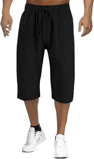 ZYXTIM Men 3/4 Linen Cotton Capri Pants Elastic Waist Casual Loose Baggy Harem Trousers 3/4 Length Summer Shorts Big&Tall